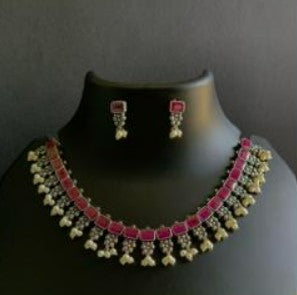 Jaymika Monalisa Stones & Pearls Oxidised Necklace Set
