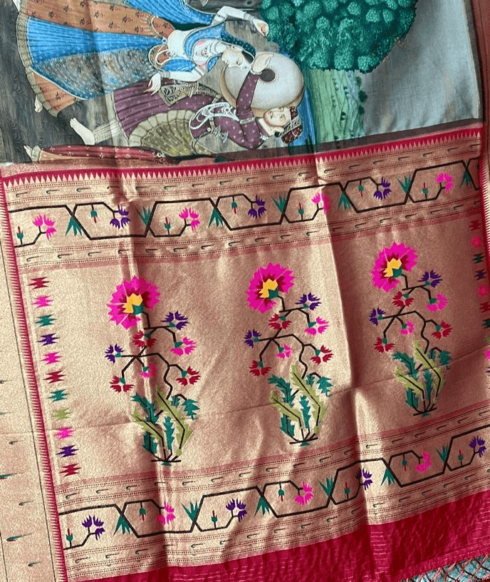 Beige Pure Dupion Silk Saree With Madhubani Prints & Paithani Muniya Border