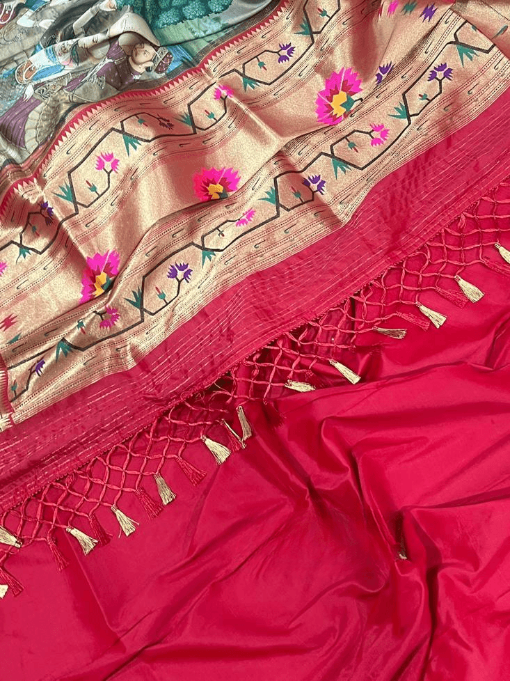 Beige Pure Dupion Silk Saree With Madhubani Prints & Paithani Muniya Border