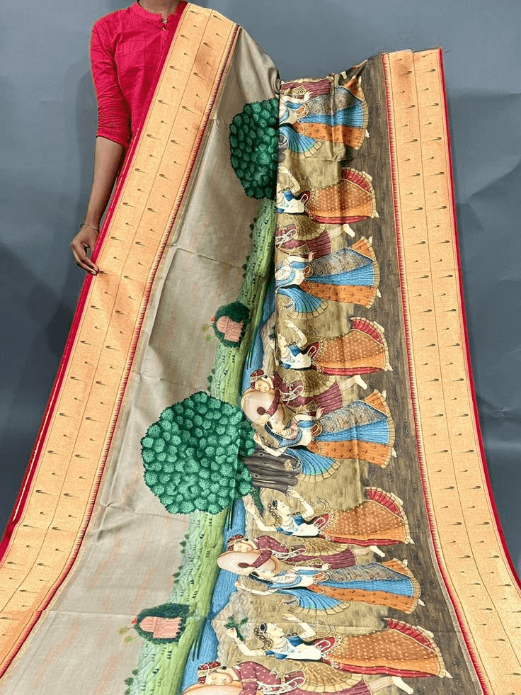 Beige Pure Dupion Silk Saree With Madhubani Prints & Paithani Muniya Border