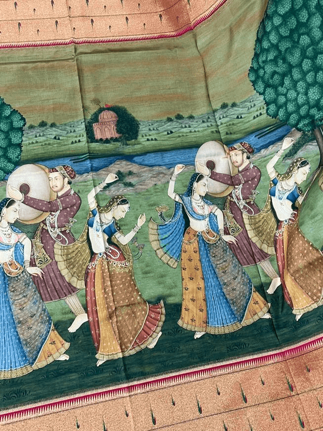 Green Pure Dupion Silk Saree With Madhubani Prints & Paithani Muniya Border