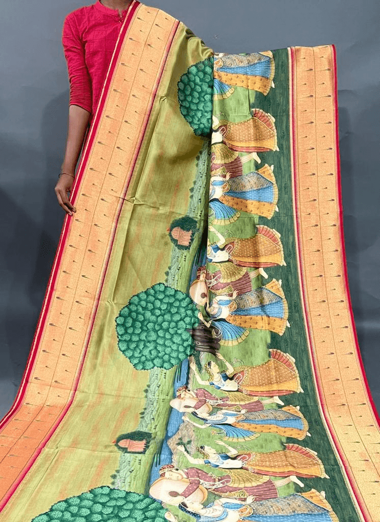 Green Pure Dupion Silk Saree With Madhubani Prints & Paithani Muniya Border