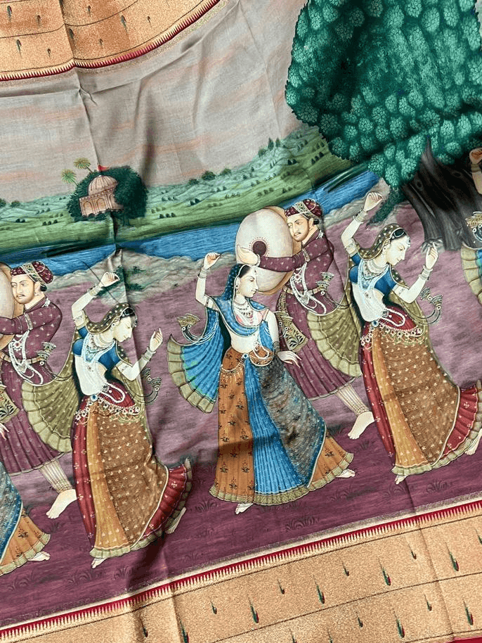 Greyish Olive Pure Dupion Silk Saree With Madhubani Prints & Paithani Muniya Border