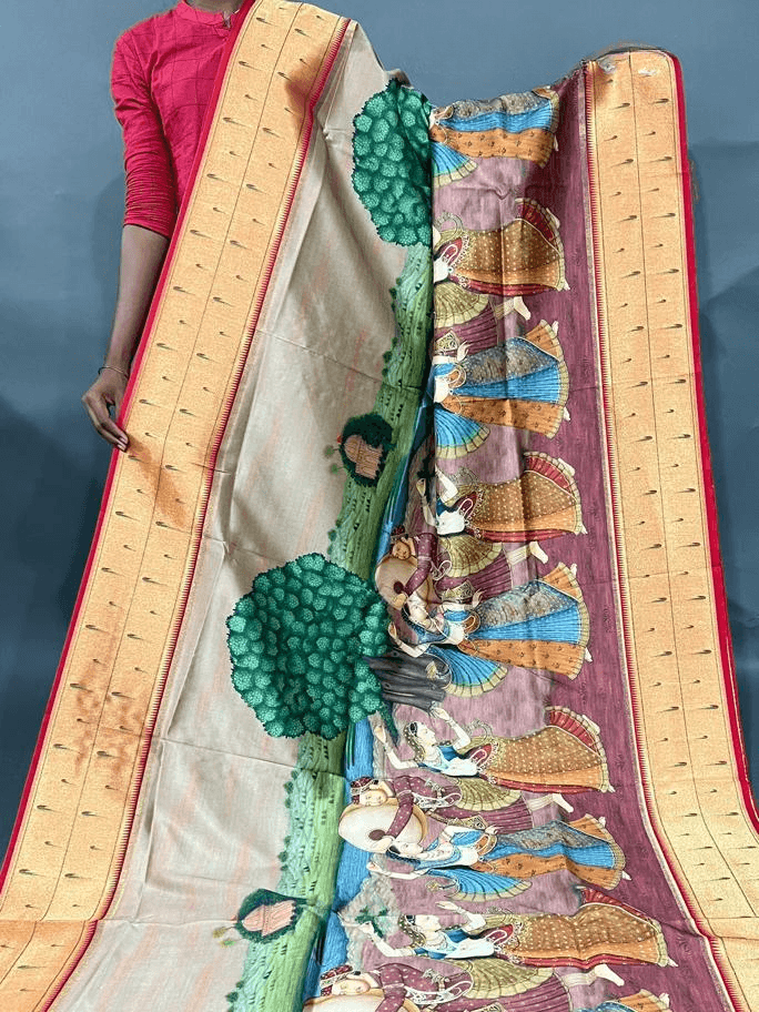 Greyish Olive Pure Dupion Silk Saree With Madhubani Prints & Paithani Muniya Border