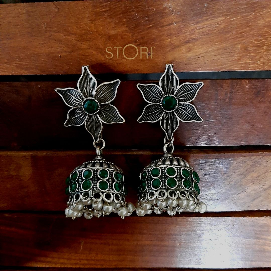 Daksha Floral German Silver Jhumki Earrings