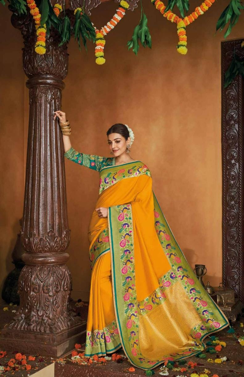 Turmeric Yellow Paithani Silk Saree With Designer Blouse