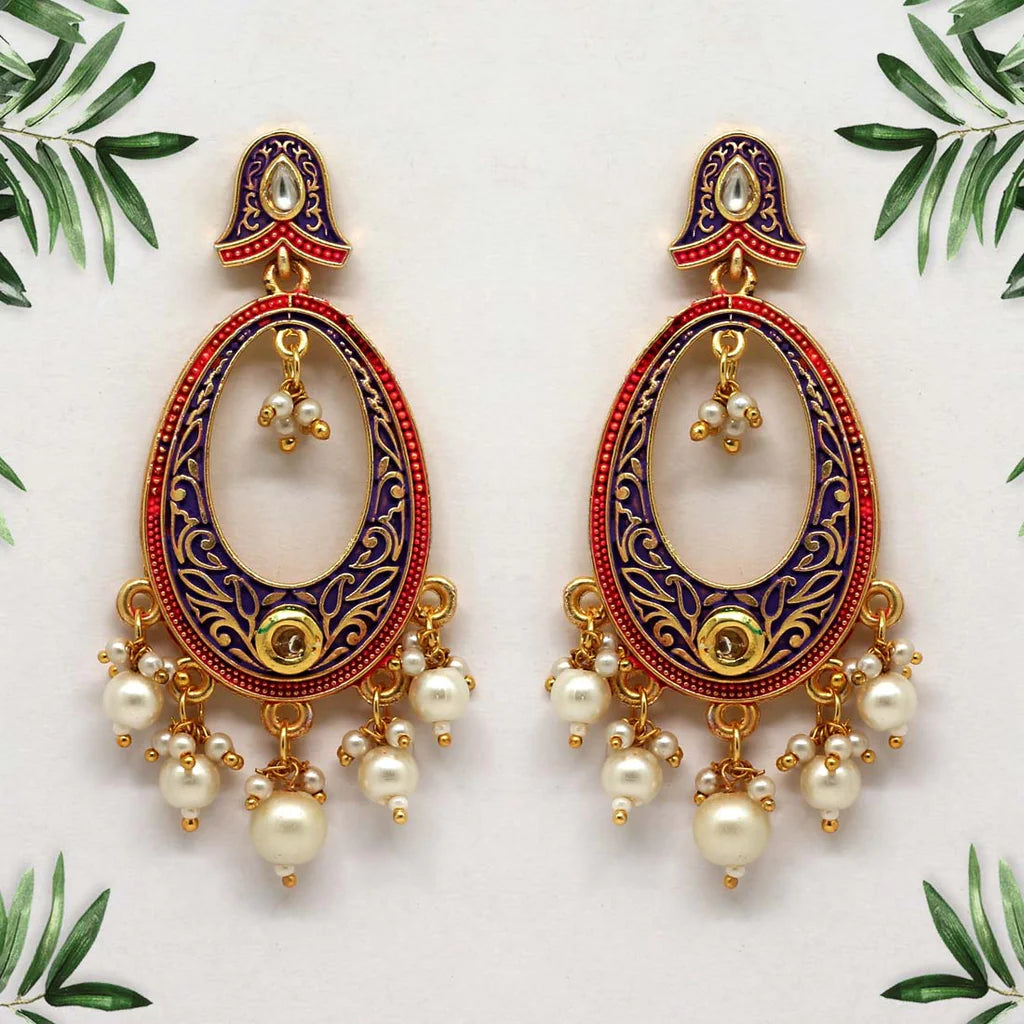 Aidah Handcrafted Meenakari Kundan Oval Drop Earrings