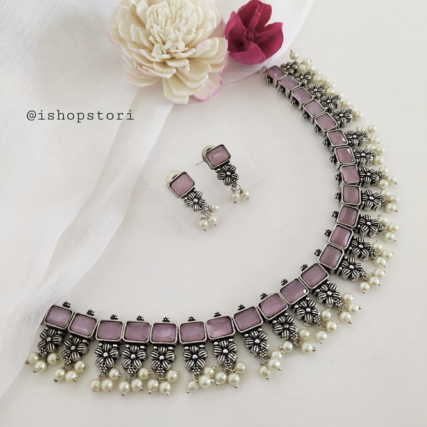 Jaymika Monalisa Stones & Pearls Oxidised Necklace Set