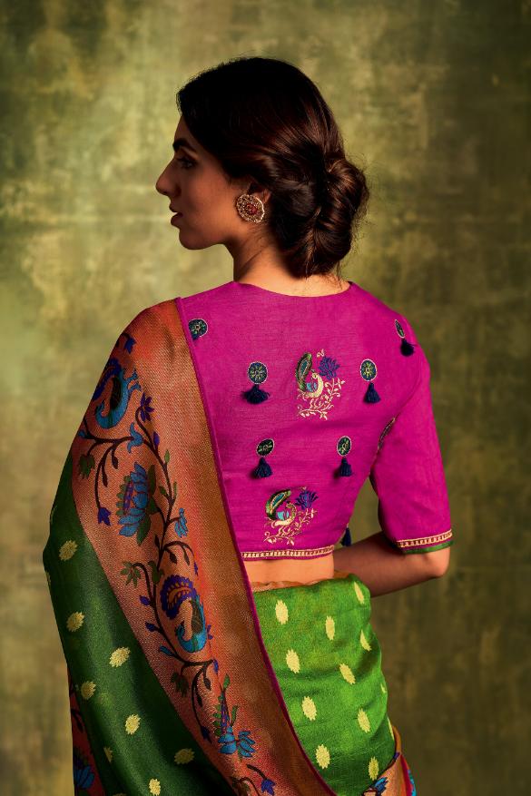 Slimy Green Paithani Saree With Embroidered Blouse