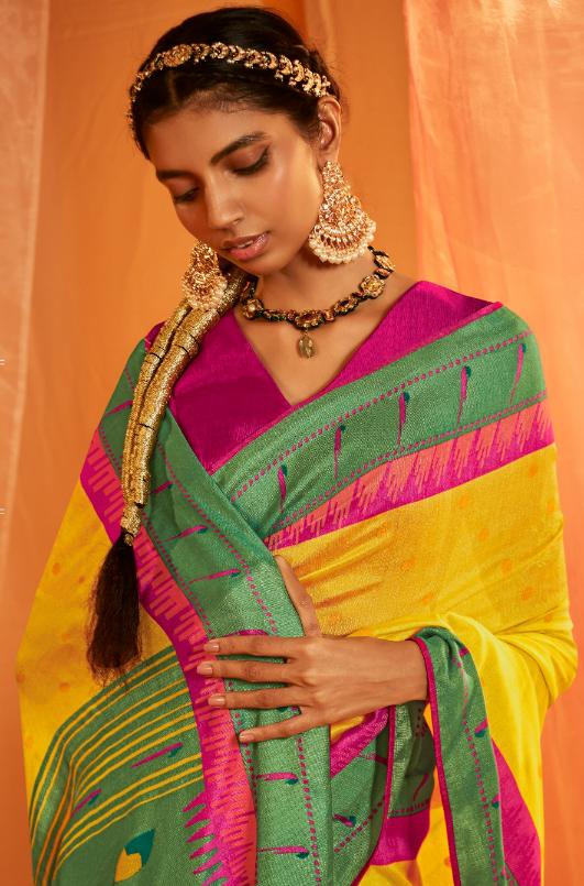 Chromium Yellow Paithani Saree With Embroidered Blouse