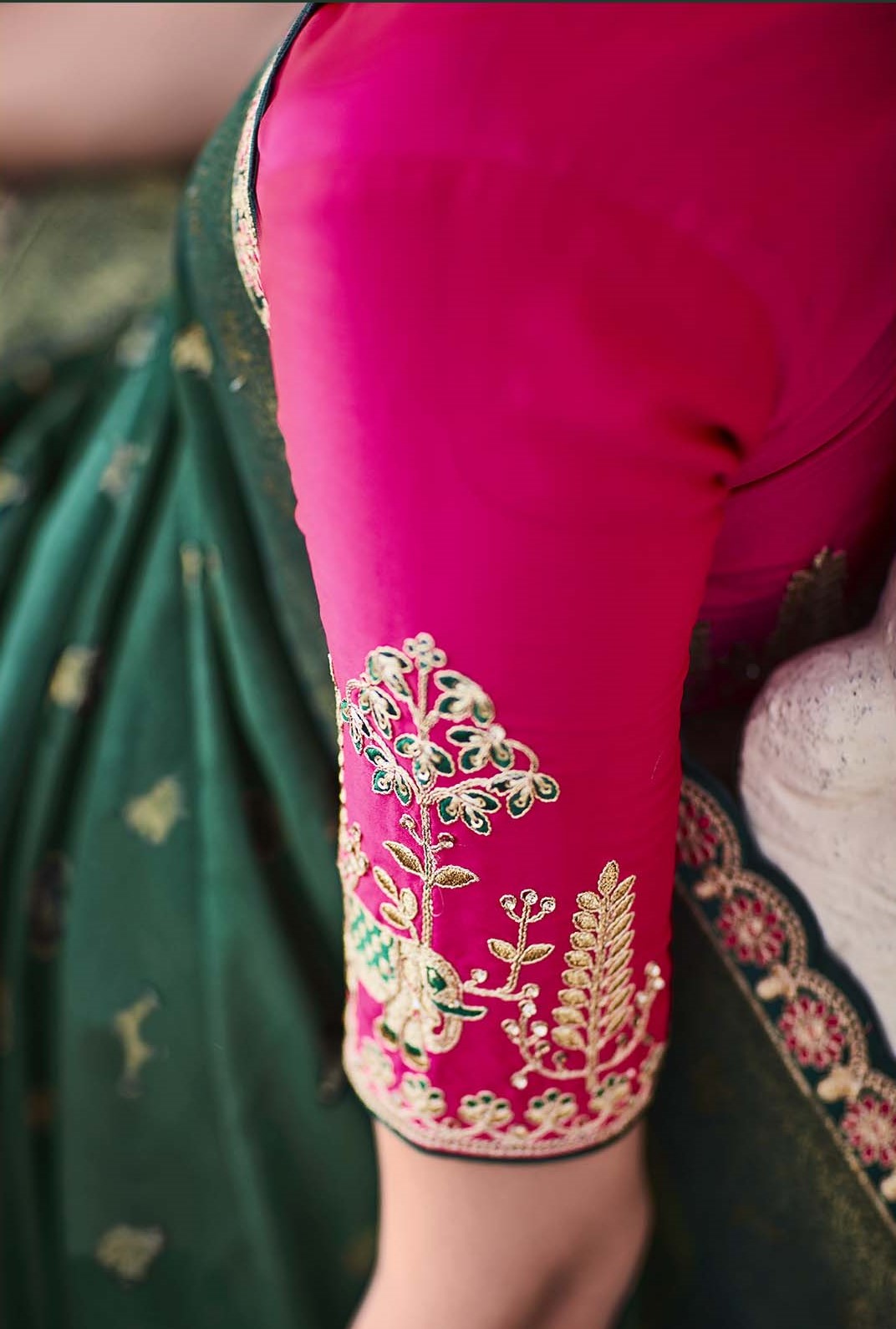 Forest Green Banarasi Silk Saree With Designer Blouse