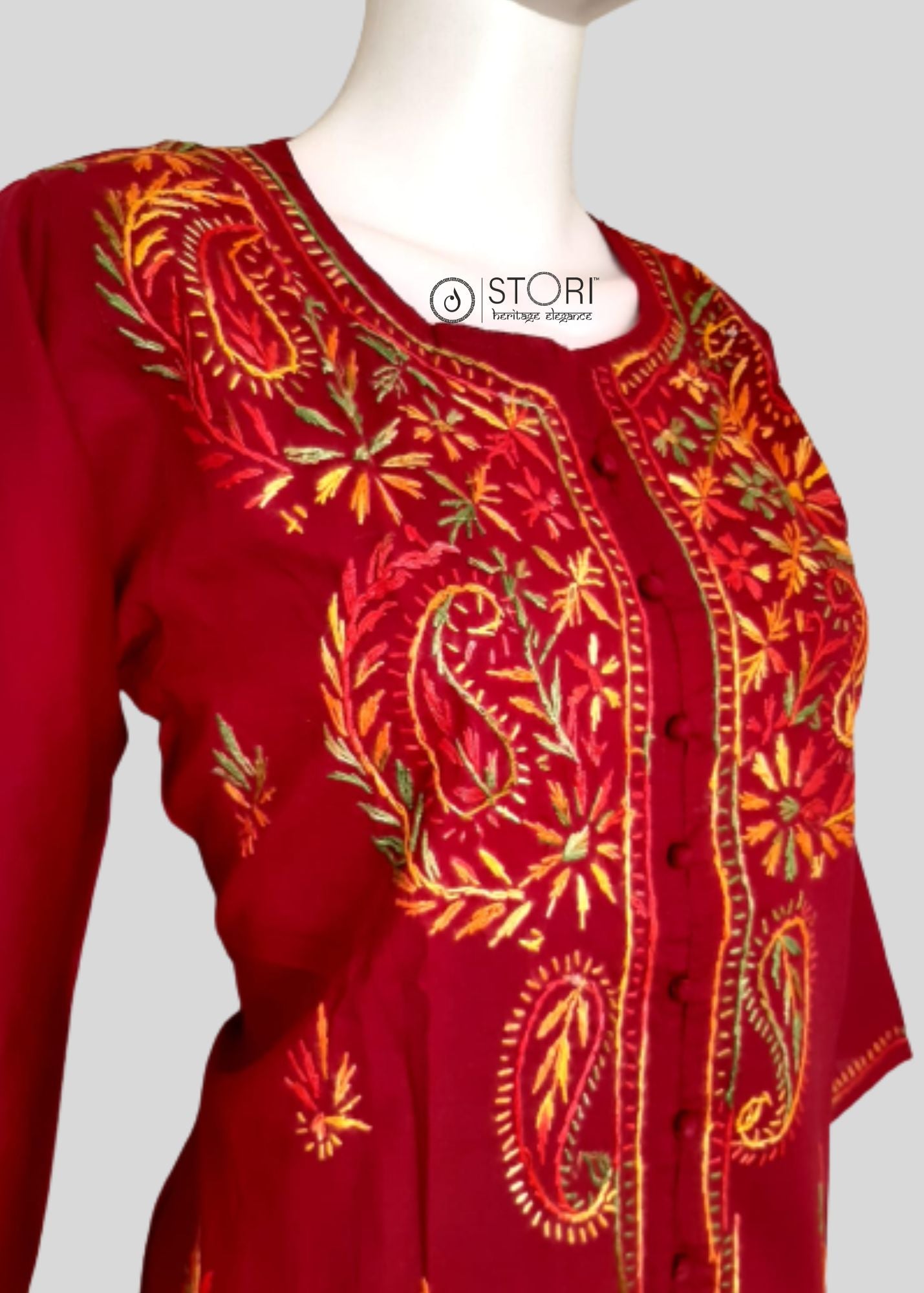 Maroon Pure Cotton Front Open Multithread Chikankari Kurti