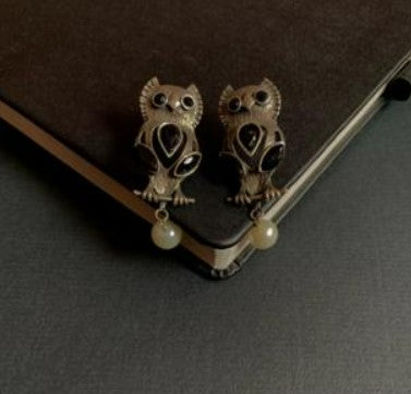 Strigi Owl Oxidized German Silver Statement Earrings