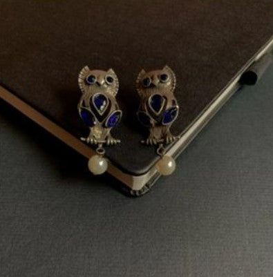 Strigi Owl Oxidized German Silver Statement Earrings