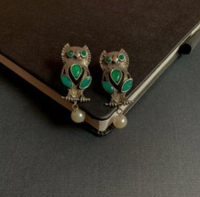Strigi Owl Oxidized German Silver Statement Earrings