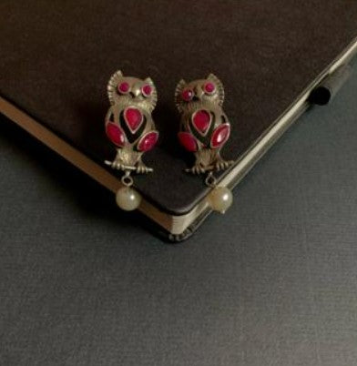 Strigi Owl Oxidized German Silver Statement Earrings