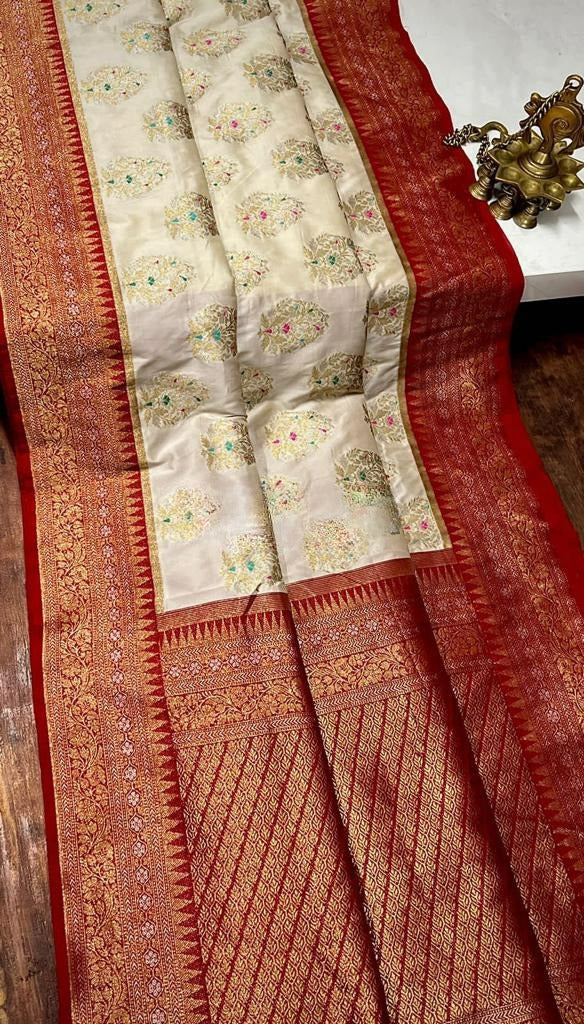 Cream White Pure Banarasi Silk Saree