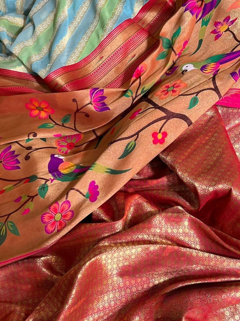 Pastel Green & Blue Banarasi Khaddi Georgette Pure Silk Saree