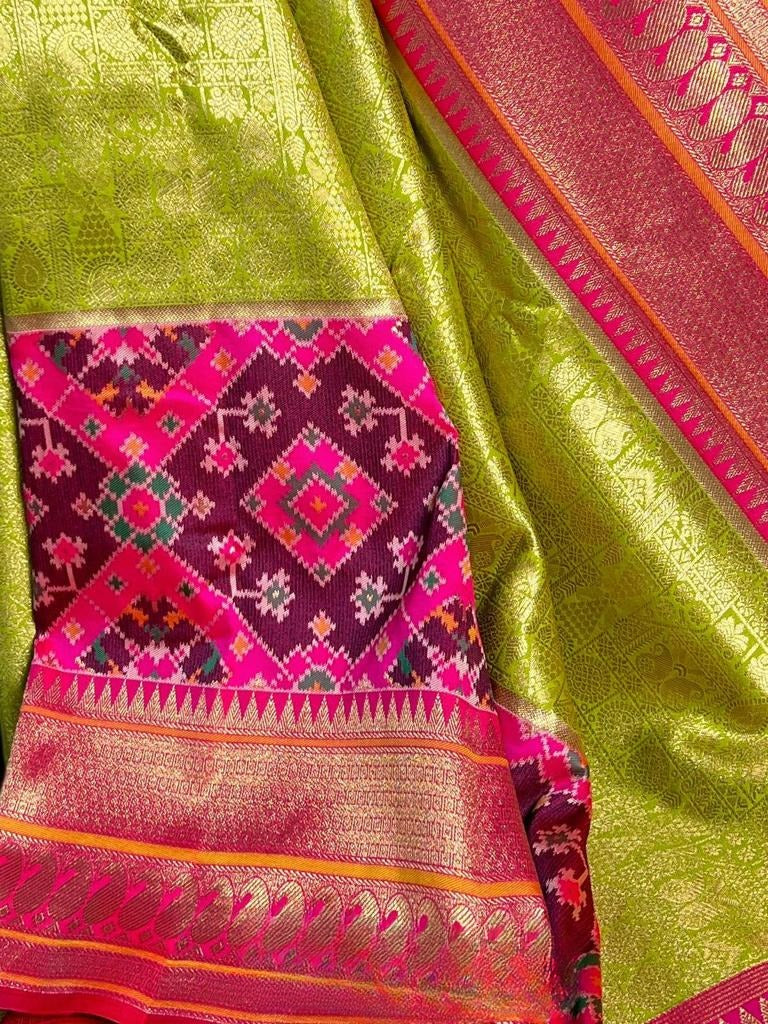Bright Olive Green Pure Banarasi Katan Silk Patan Patola Saree