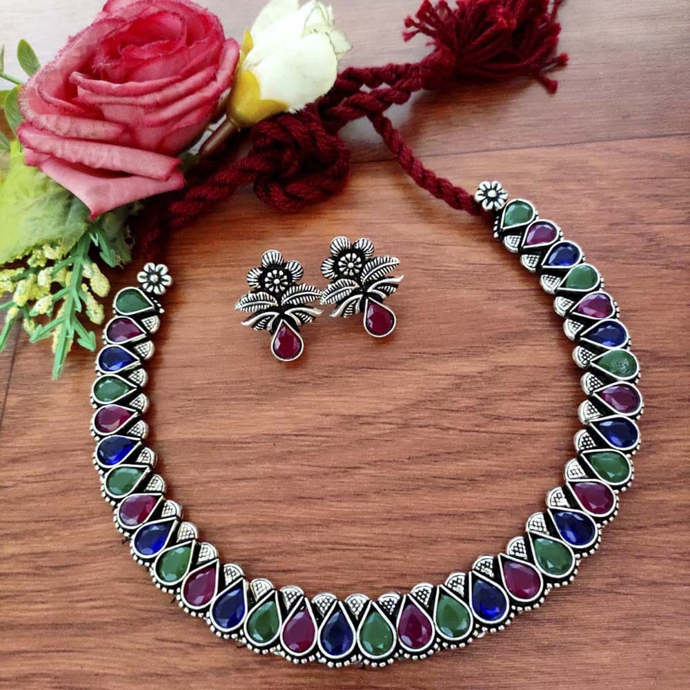 Tanishka Multicolor Stone German Silver Necklace Set