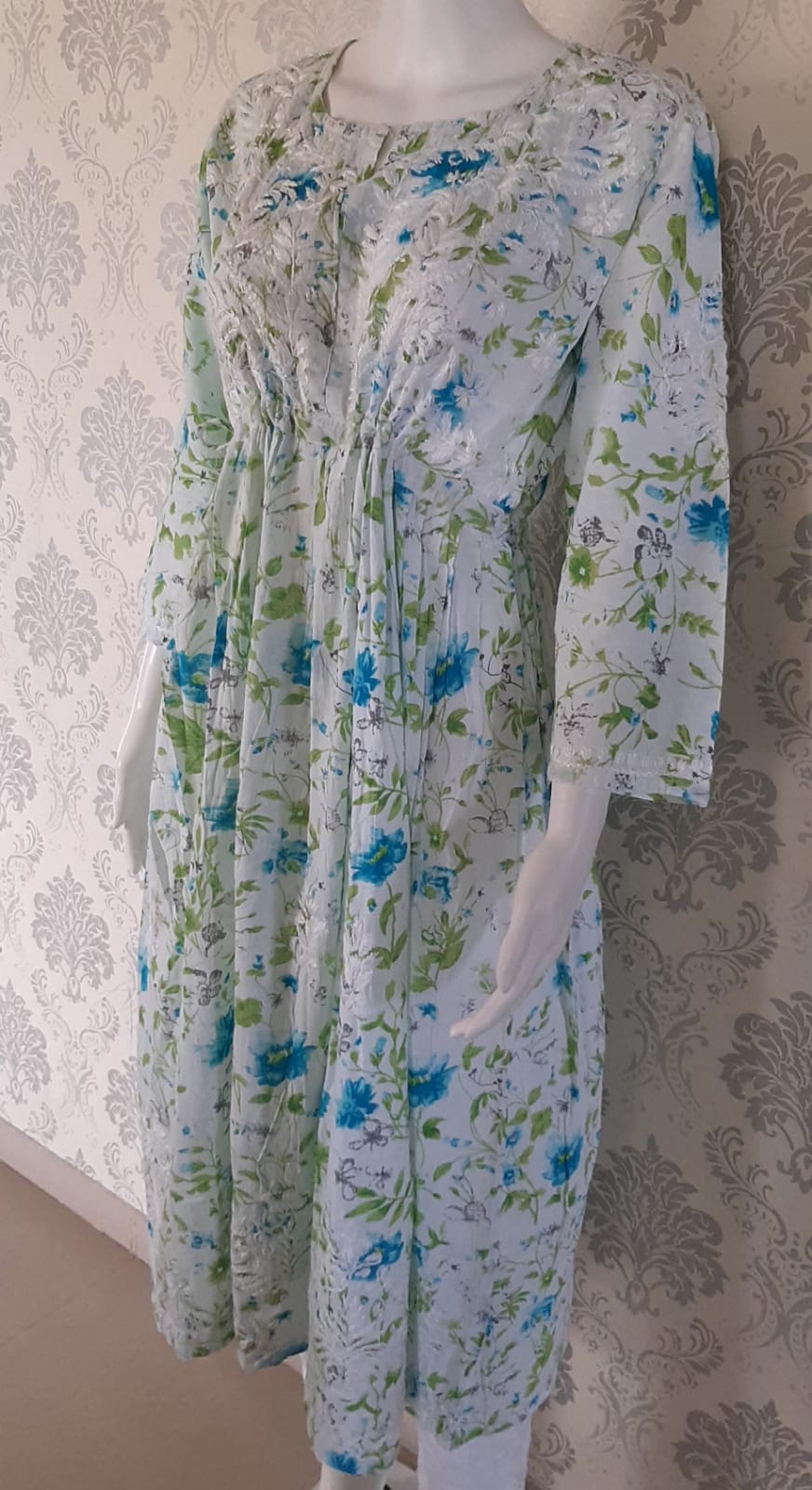 White & Blue Floral Printed Mulmul Cotton Chikankari Gown With Dori