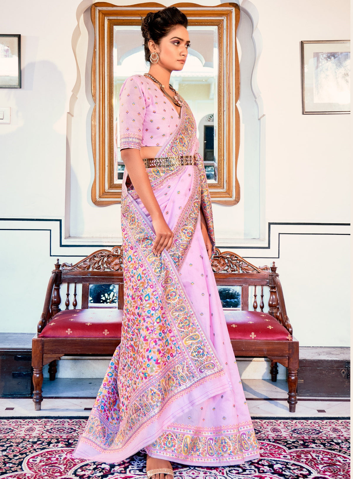 Shop Pink Banarasi Silk Saree In Online-STORI