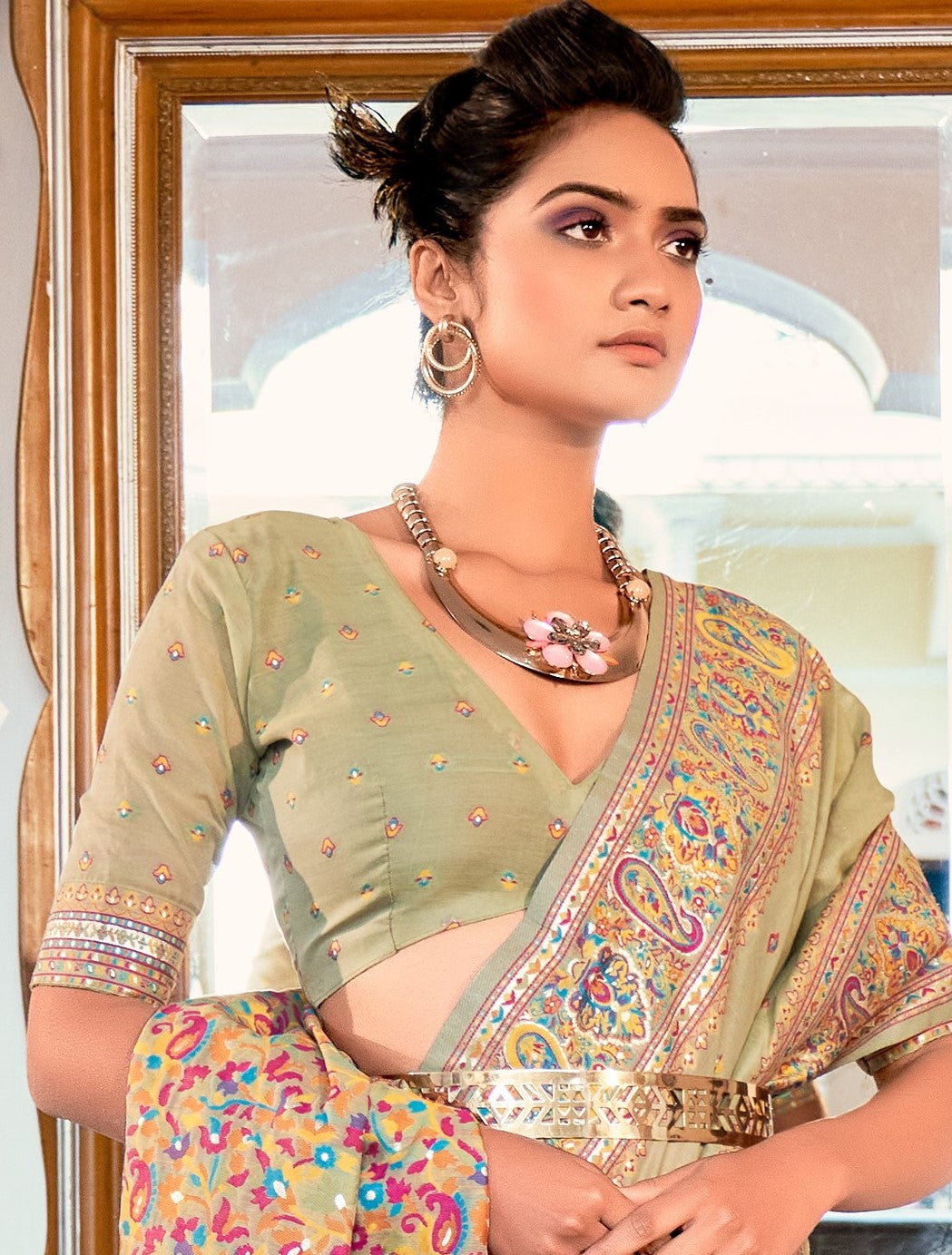 Shop Olive Banarasi Silk Saree Online-STORI