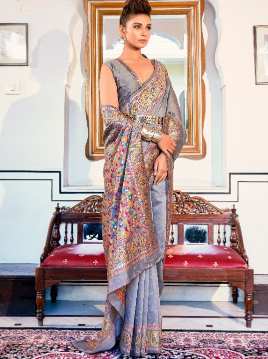 Buy Grey Banarasi Silk Saree Online-STORI