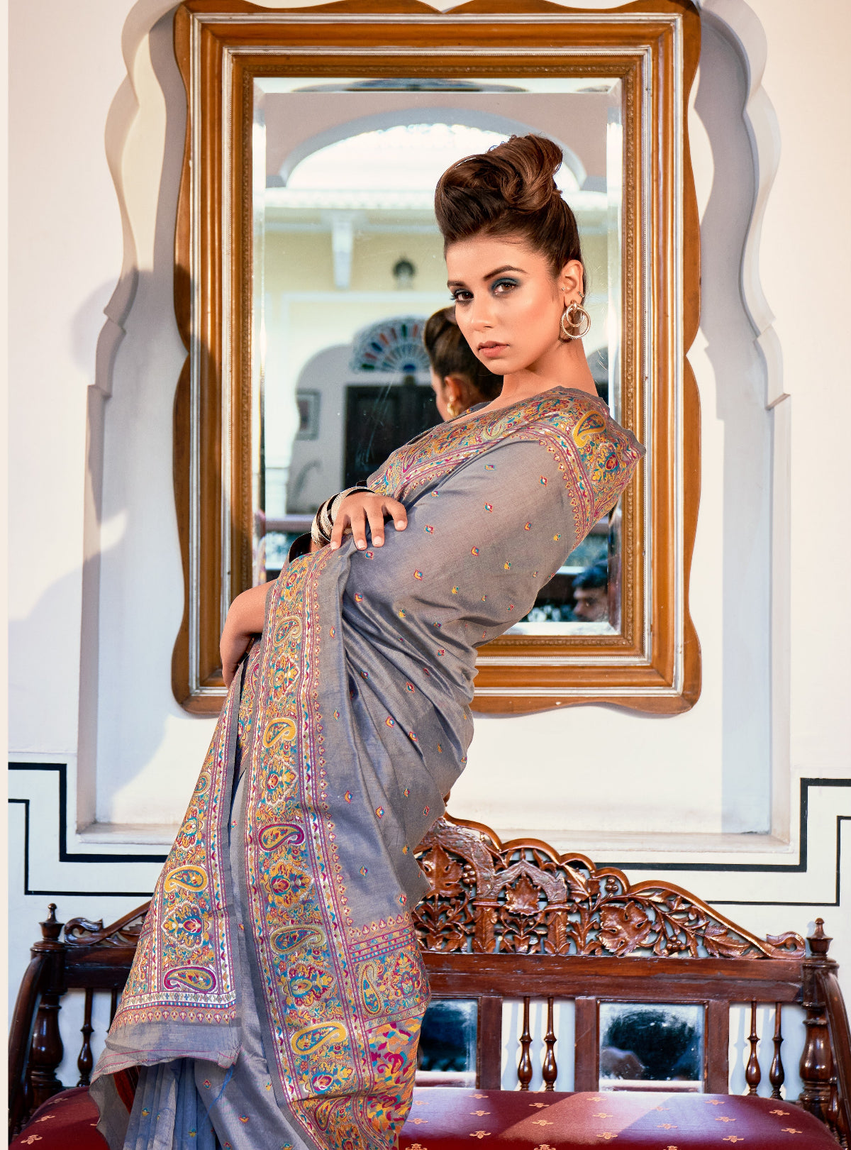 Buy Grey Banarasi Silk Saree Online-STORI