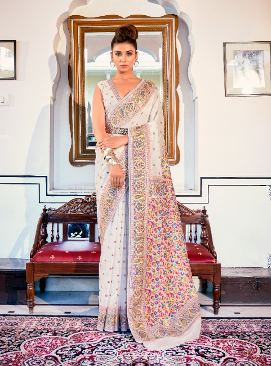 Buy White Banarasi Silk Saree Online-STORI