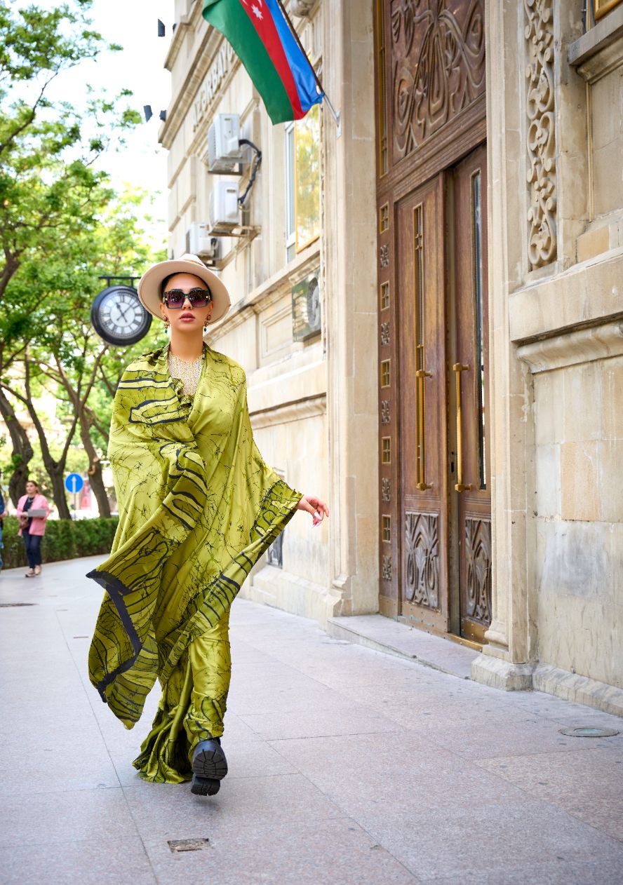 Bright Olive Green Abstract Printed Satin Crepe Silk Statement Saree
