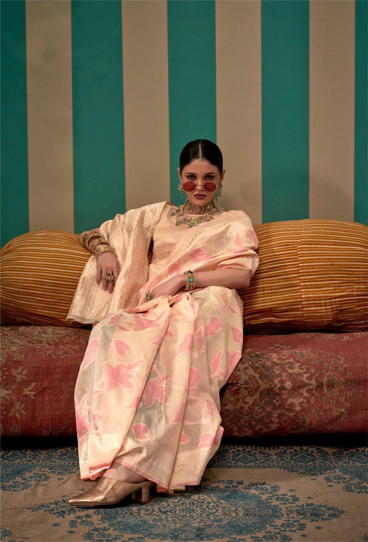 Ivory Brown Handloom Woven Linen Saree Online in India