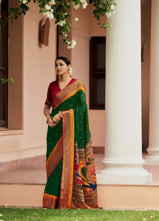 Green & Red Pathani Saree With Embroidered Blouse