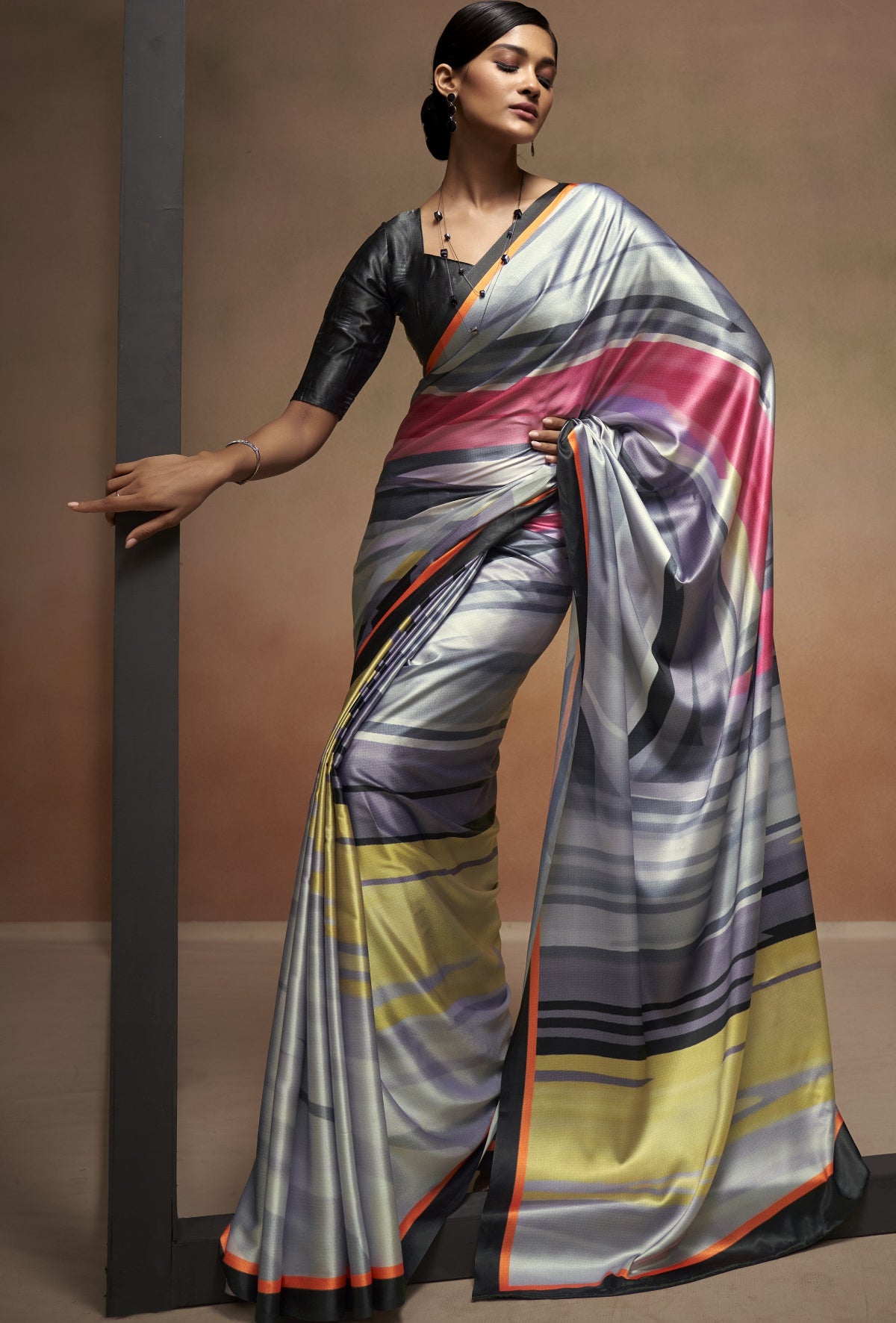Cloudy Grey Bollywood Satin Crepe Sarees Online in India