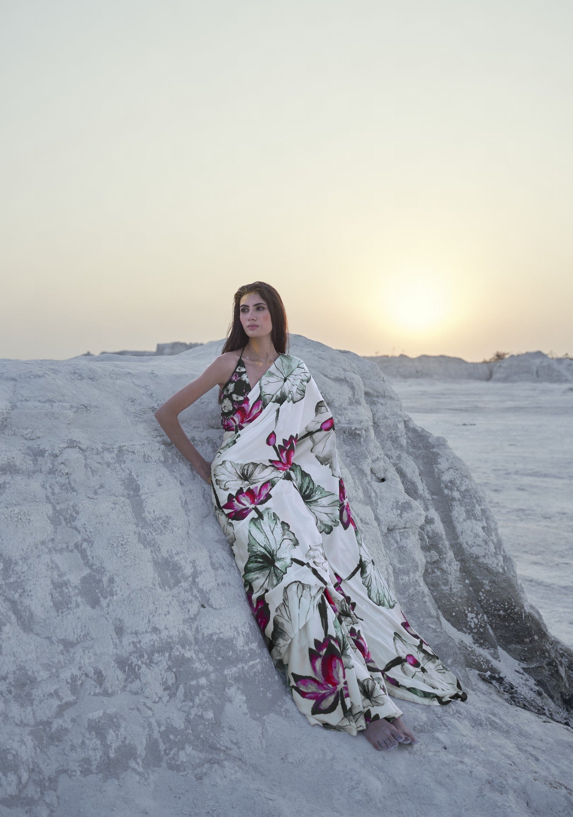 BHAGYASHREE in Lotus Print Satin Crepe Silk Saree
