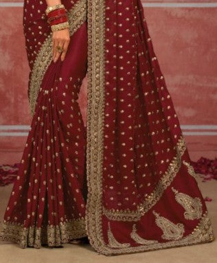 STORI Maroon Bridal Designer Silk Saree