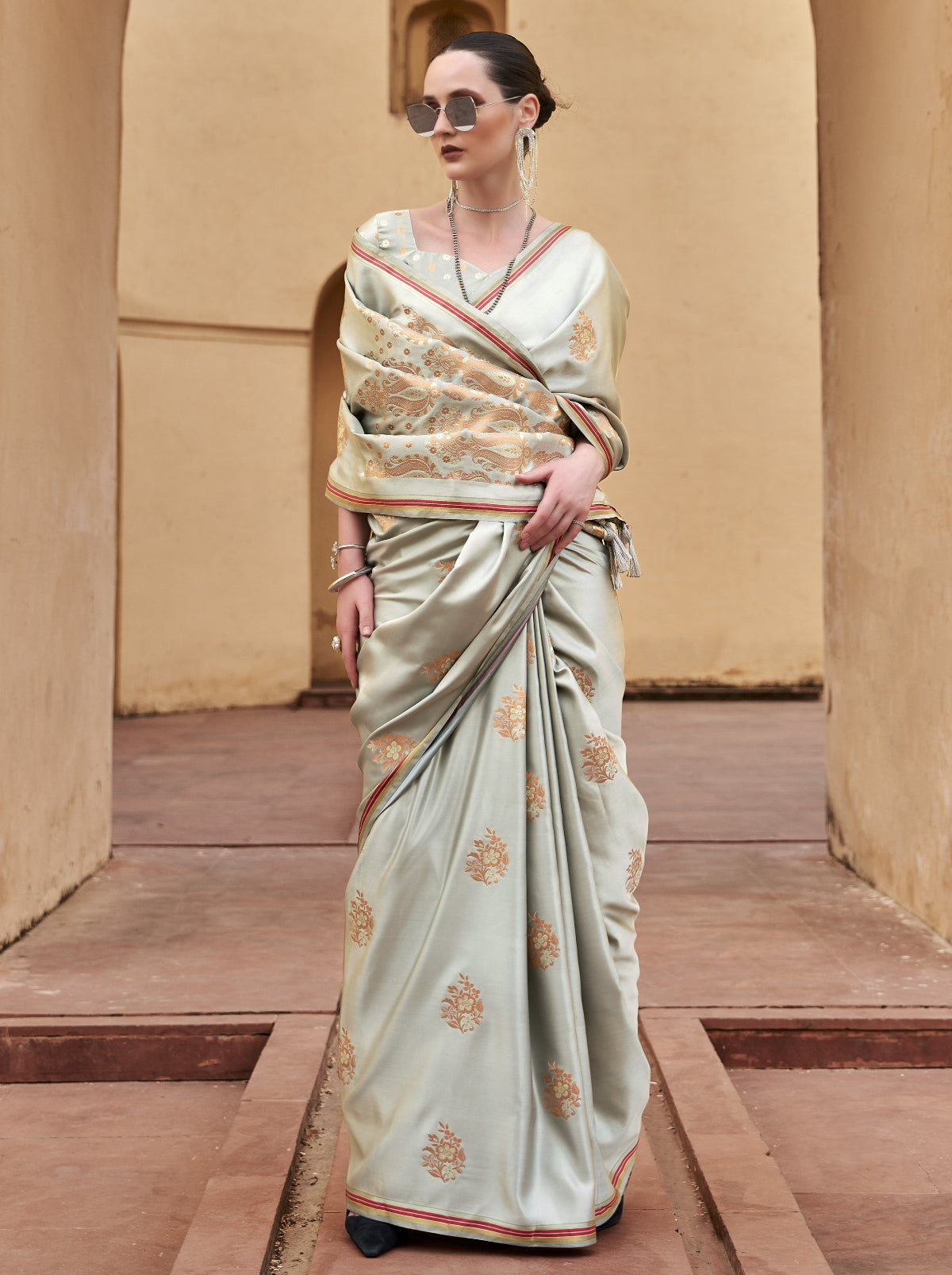 Grey Satin Silk Saree Online in India