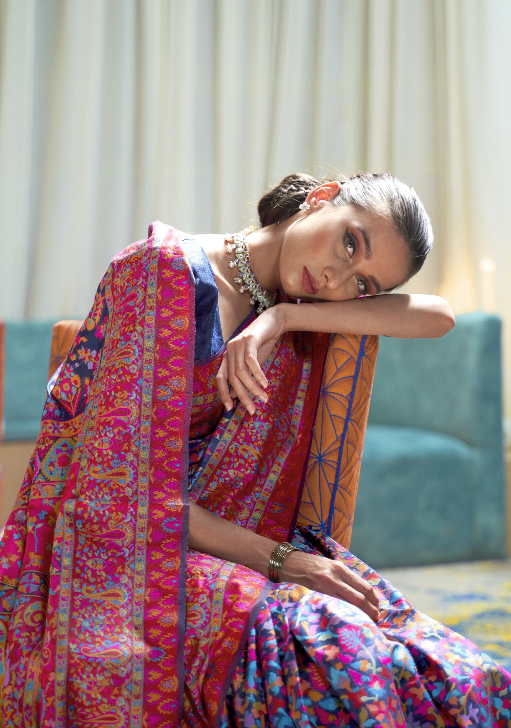 MADHAVEE Meka in Nile Blue Kashmiri Weaved Jamewar Saree