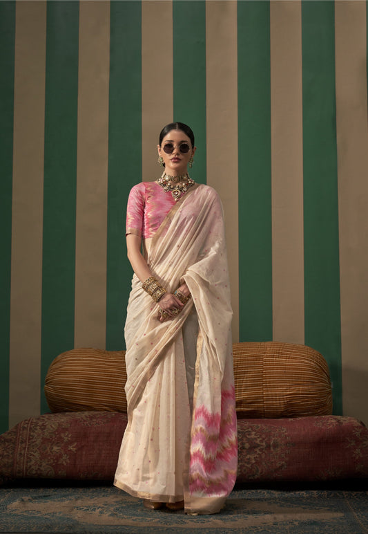 Pearl White Spun Handloom Woven Silk Saree Online in India