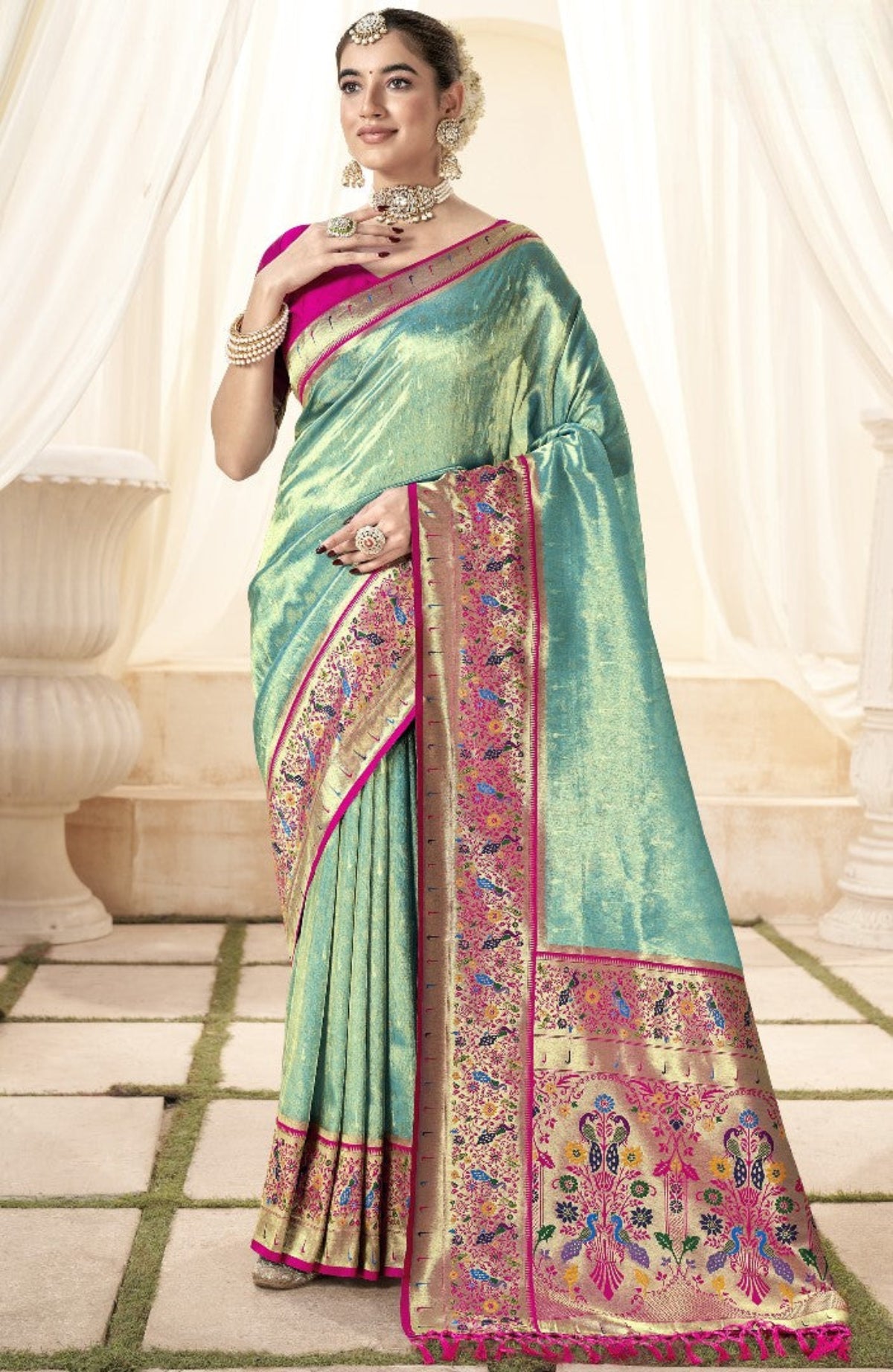 Pear Green Tissue Silk Paithani Saree Online Store in India