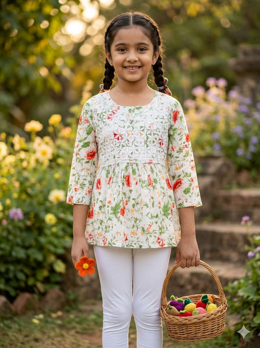 Floral Printed Cotton Mulmul Chikankari Short Kurti1