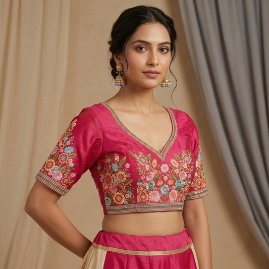 Floral Silk Thread & Zari Embroidered Designer Silk Blouse