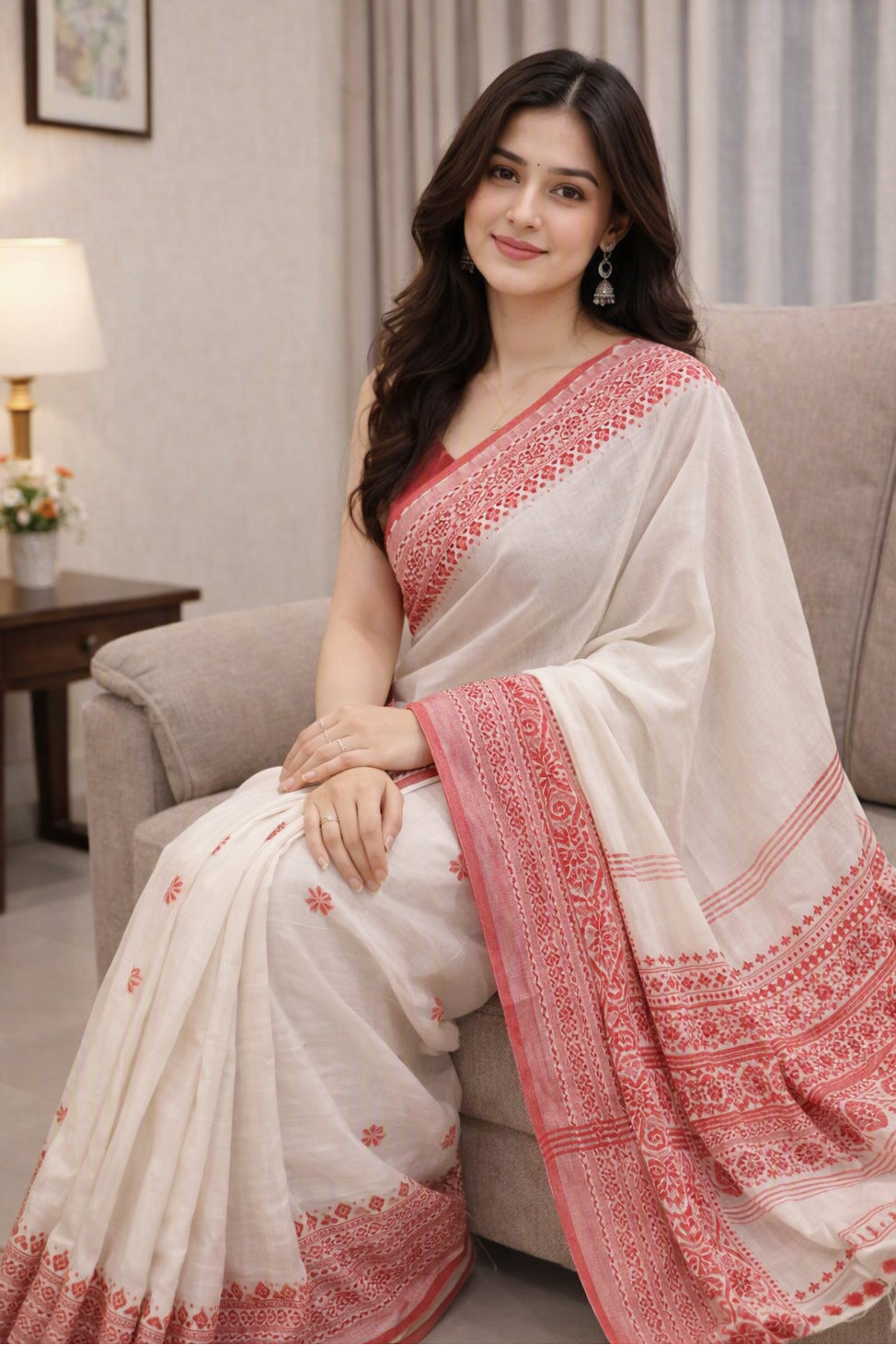 Red & White Embroidery Begali  Cotton Saree