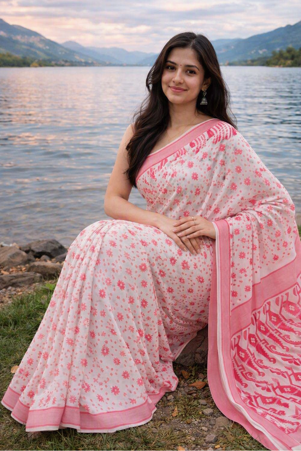 Red & White  Floral and Geometric Motifs Print  Cotton Silk Saree1