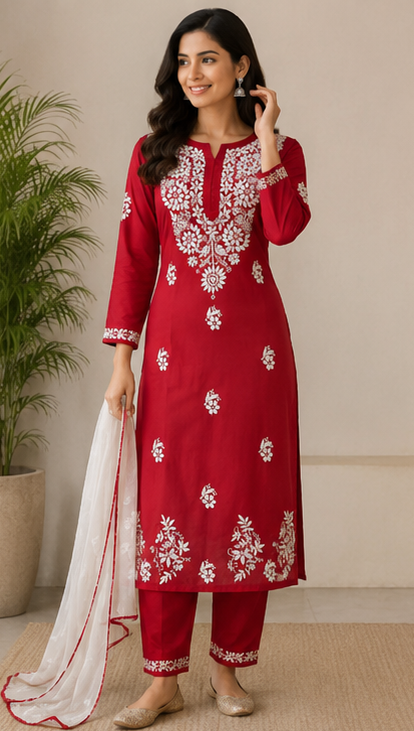 Zaarah Deep Red Handcrafted Soft Modal Cotton Chikankari Kurti
