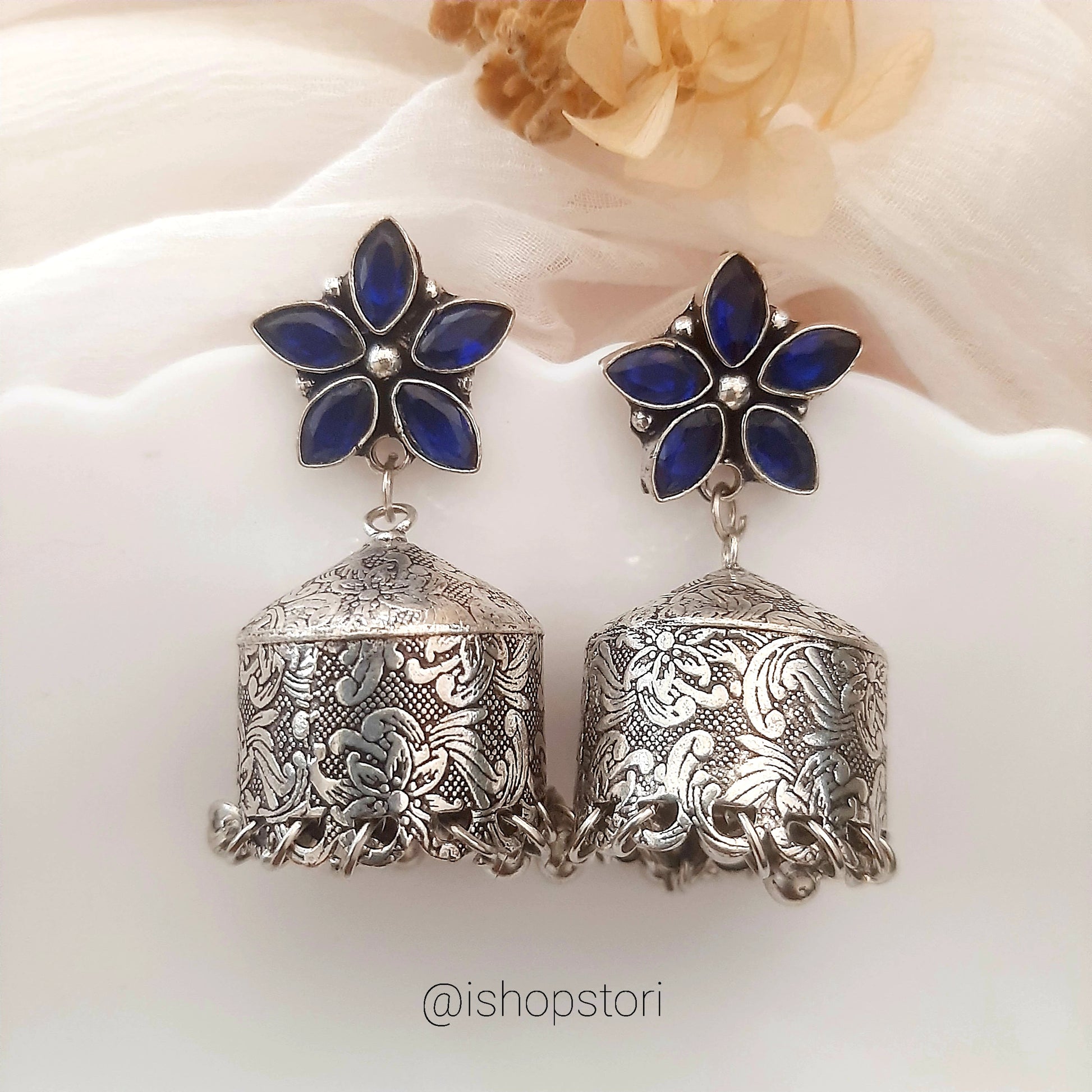 Blue Lagoon Stone Studded Oxidised Jhumka Earrings – STORI