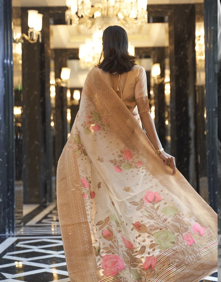 Buy Beige Linen Sarees Online STORI
