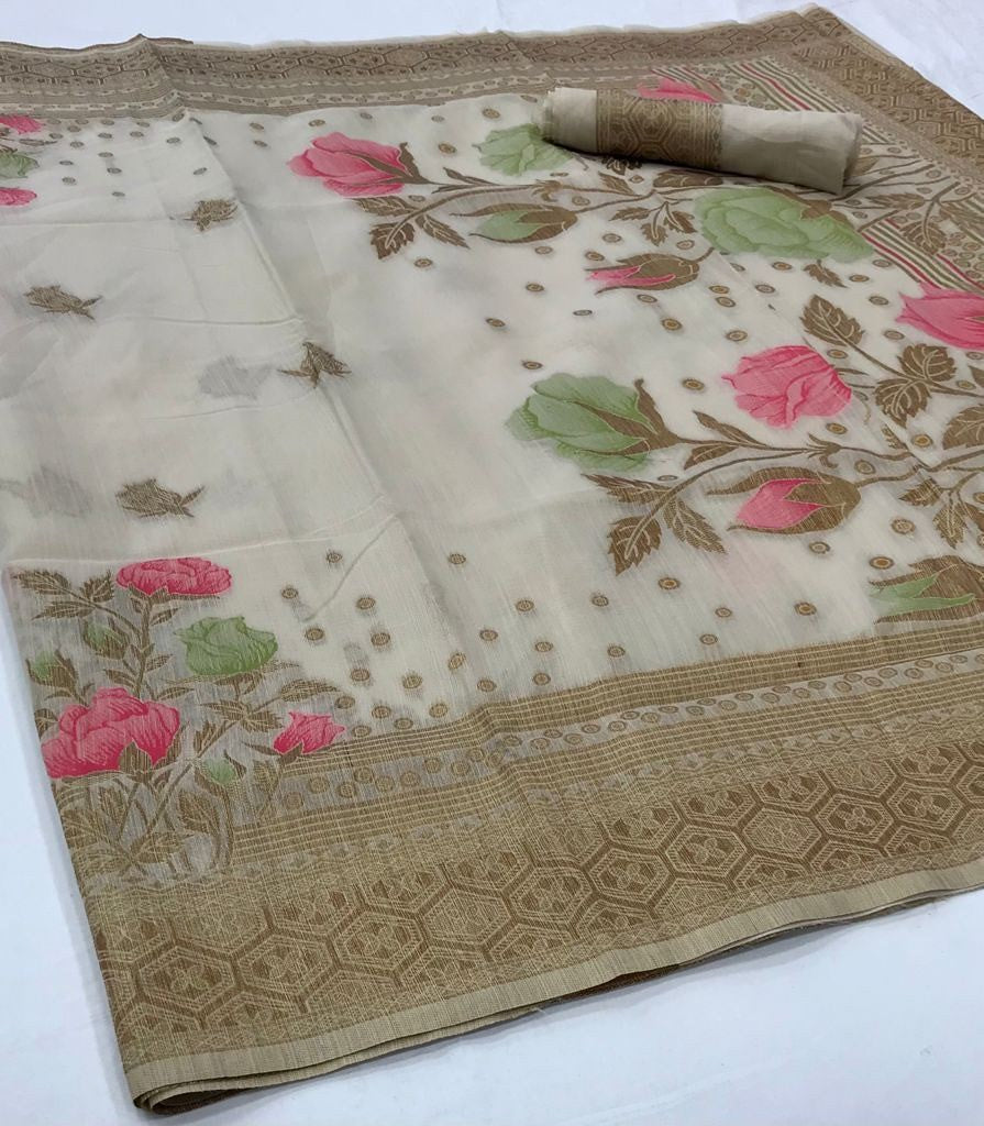 Buy Beige Linen Sarees Online STORI