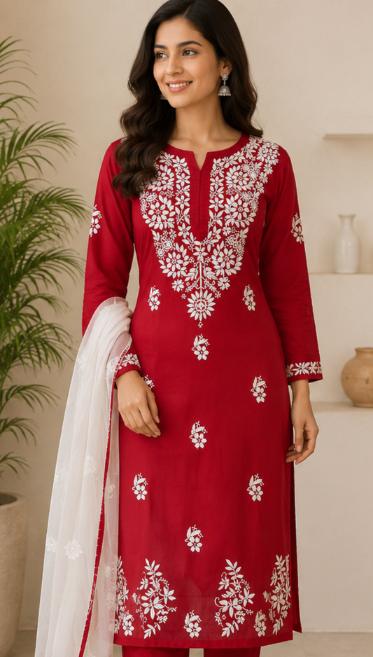 Zaarah Deep Red Handcrafted Soft Modal Cotton Chikankari Kurti
