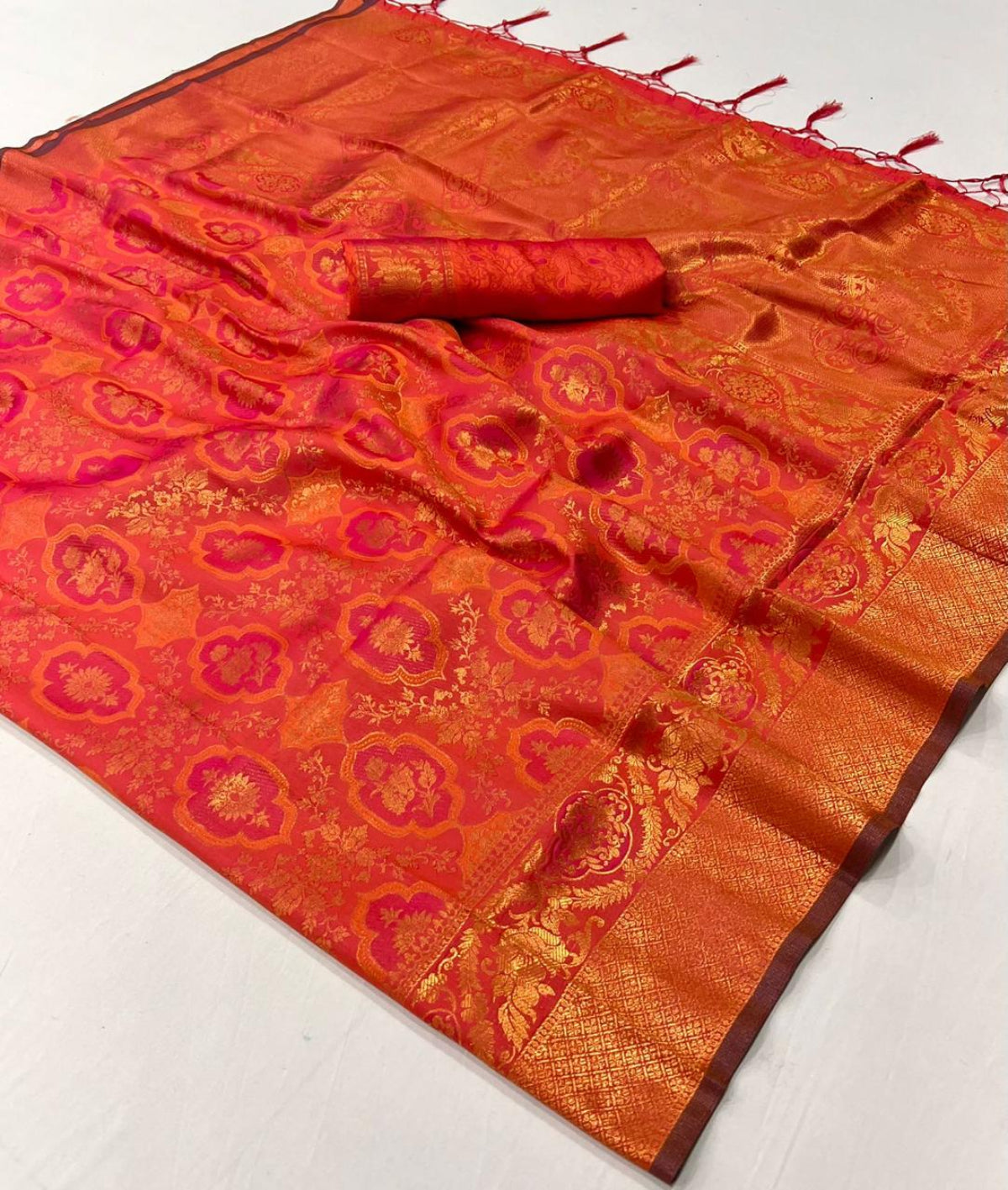 Persian Red Handloom Woven Silk Saree Shop Kanjivaram Sarees Online in India & USA